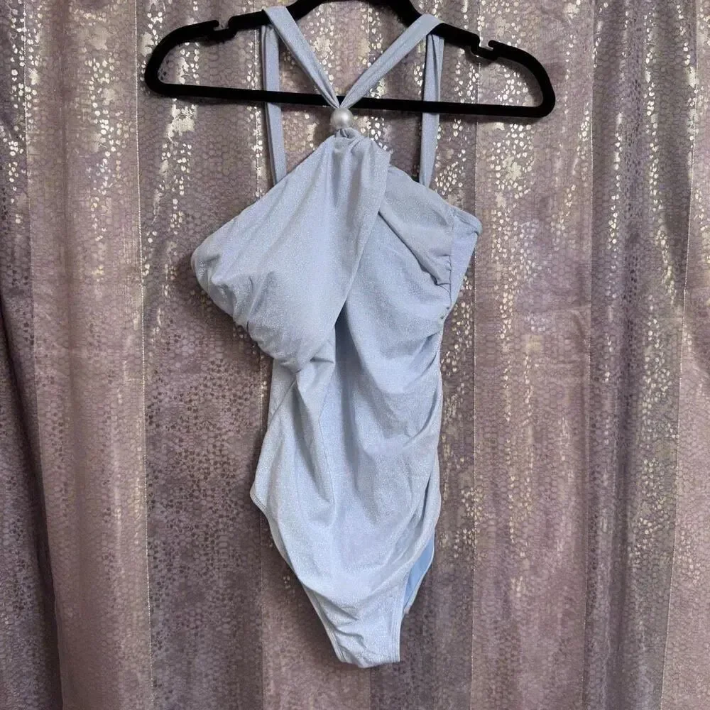 Cupshe Atlantis Asymmetrical Lurex One-Piece Swimsuit Sparkly Silver Med NWT